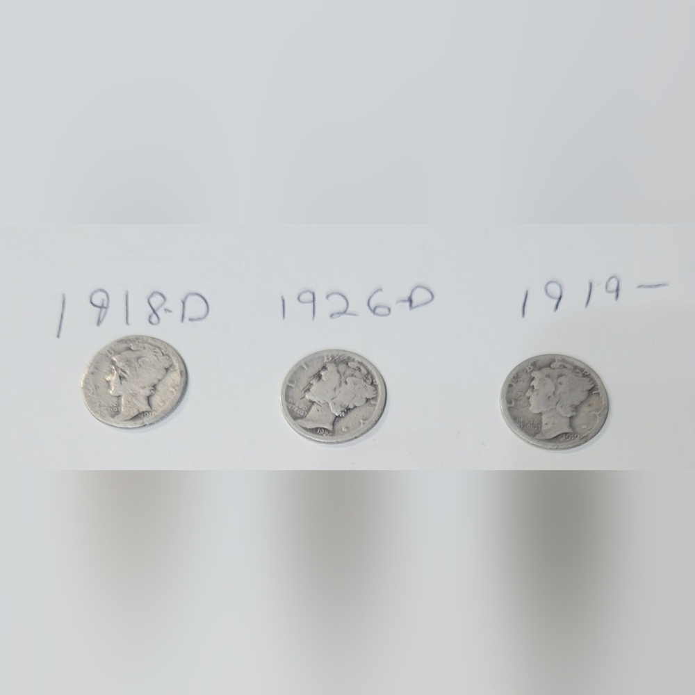 Md3 Set of 3 Silver Mercury Dimes: 1918 D, 1919 & 1926 D
